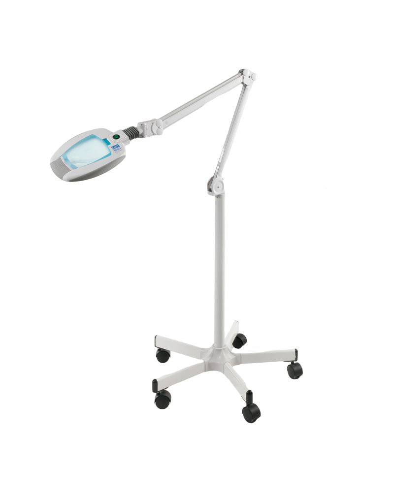 LED magnifying lamp on a stand with wheels