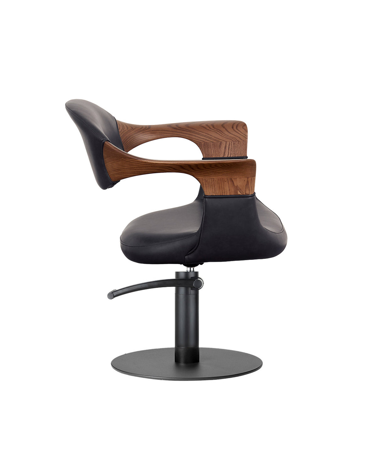Oakley Midnight - Fauteuil de coupe gris avec base ronde noire et accoudoirs en chêne