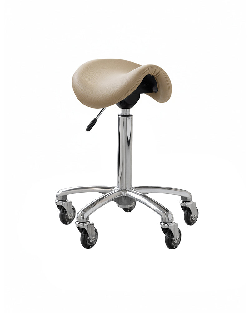 Stella - tabouret selle de cheval en aluminium avec revêtement beige et roulettes