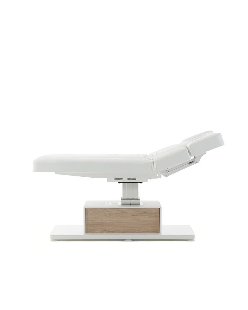 The Ben - White massage table with oak pattern details - with motor - with adjustable armrests