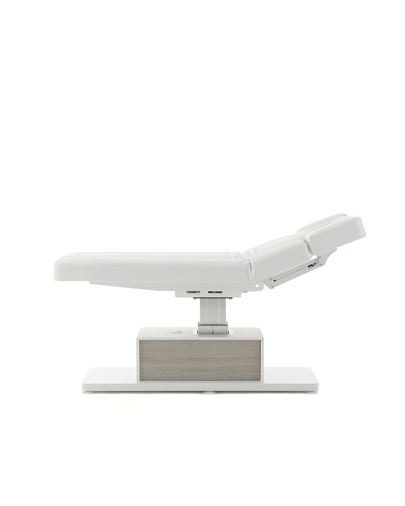 The Ben - White massage table with details in gray oak pattern - with motor - with adjustable armrests