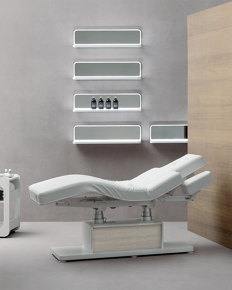 The Clair - White massage table with details in gray oak pattern - with motor - with adjustable armrests