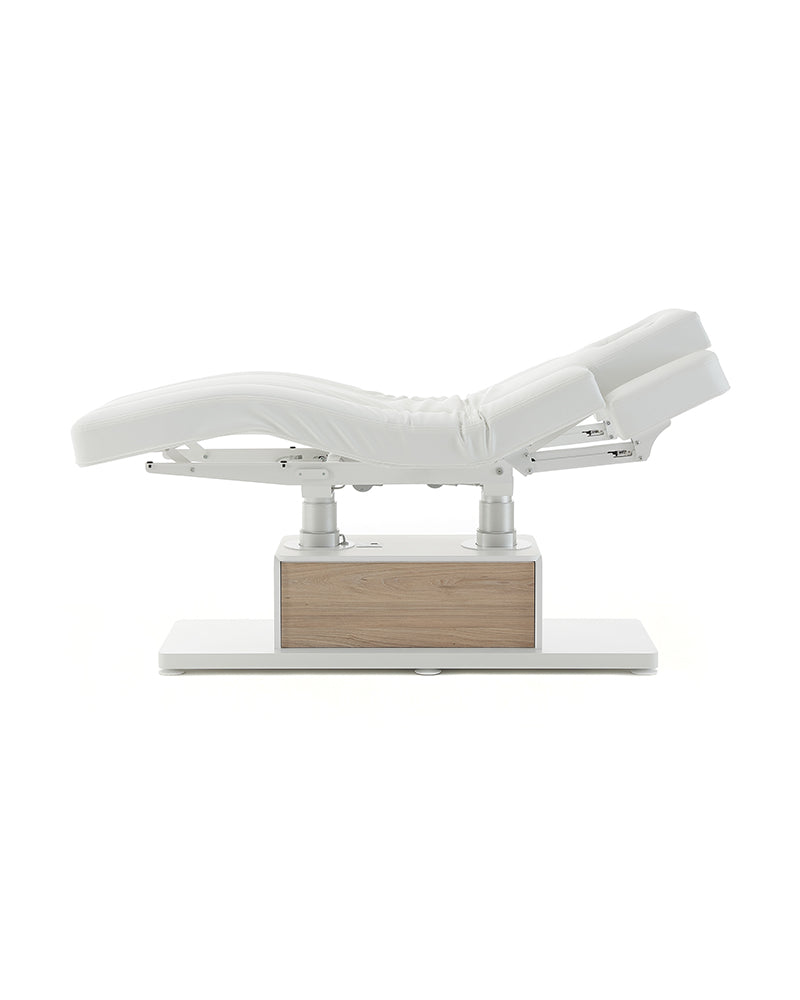 The Clair - White massage table with oak pattern details - with motor - with adjustable armrests