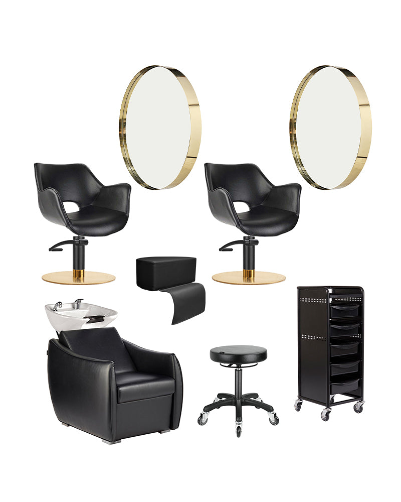 Gold hairdressing starter kit with 2 styling stations, 1 washing unit and equipment