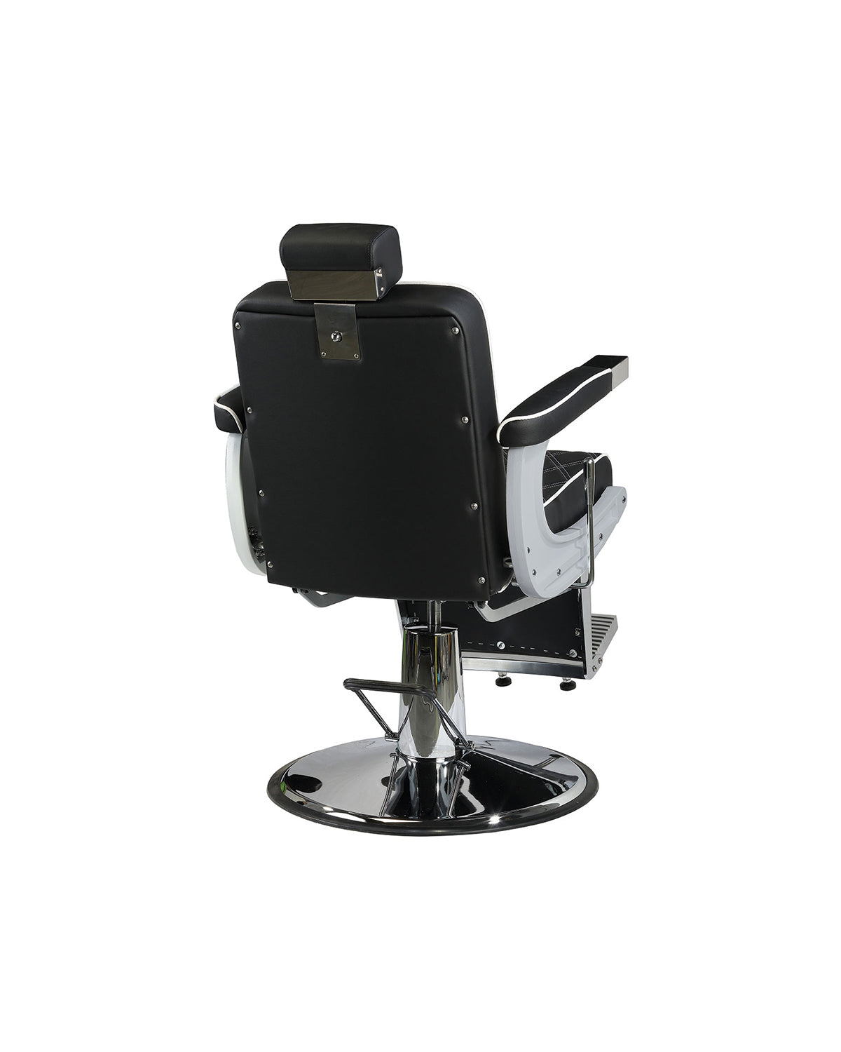 Karl - Fauteuil barbier noir avec passepoil blanc et base ronde chromée