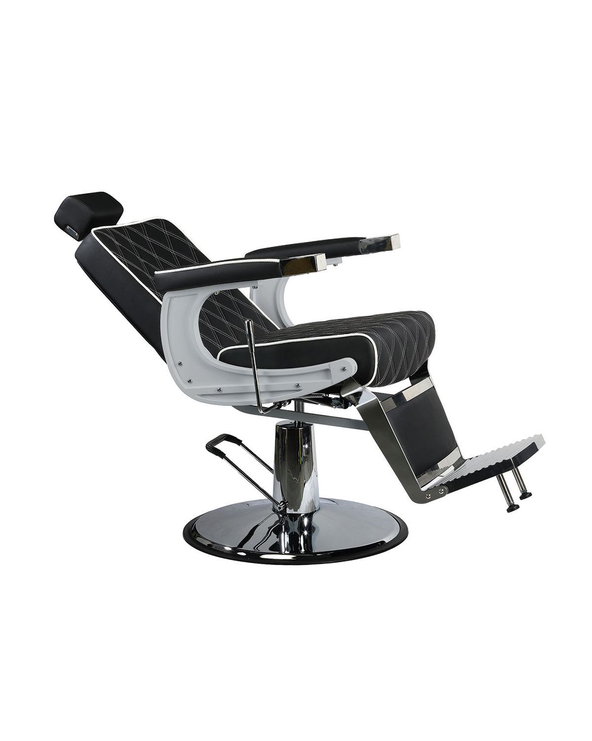 Karl - Fauteuil barbier noir avec passepoil blanc et base ronde chromée