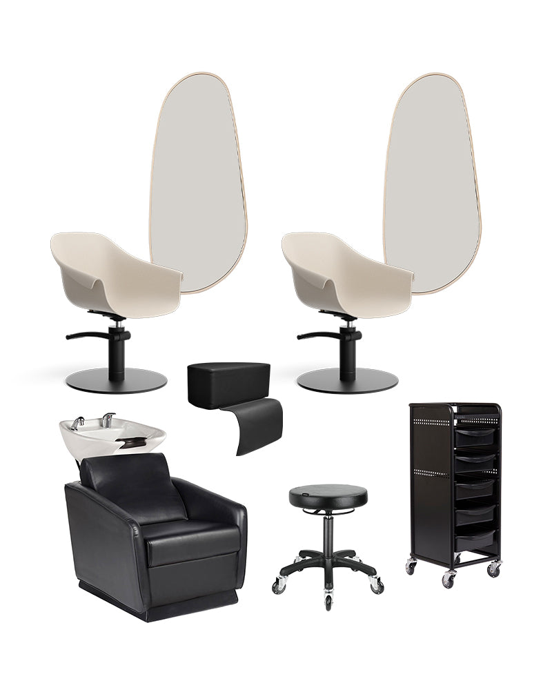 Beige hairdressing starter kit with 2 styling stations, 1 washing unit and equipment