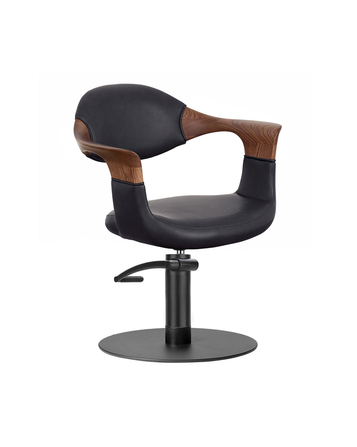 Oakley Midnight - Fauteuil de coupe gris avec base ronde noire et accoudoirs en chêne